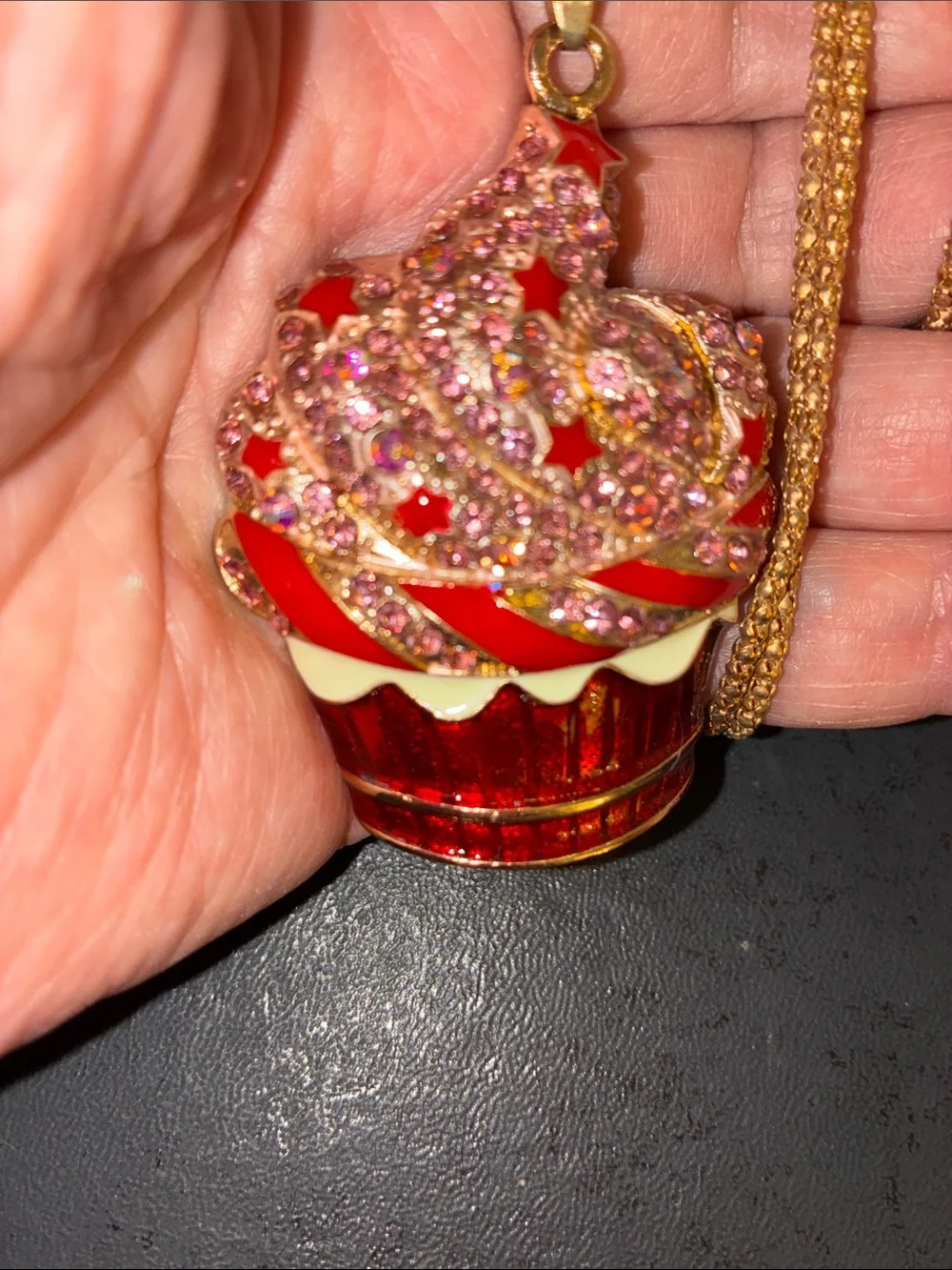 Red Cupcake Pendant Necklace with Pink Crystal Frosting
